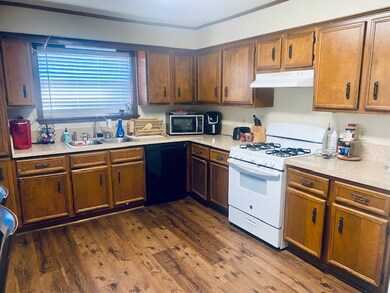 Kitchen with under cabinet range hood, dark wood-s