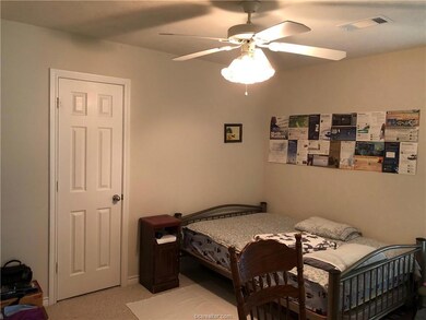 Bedroom featuring light colored carpet and a ceiling fan