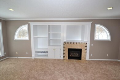 Gas fireplace, custom shelving and millwork.