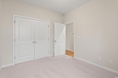 Unfurnished bedroom featuring light carpet and a closet