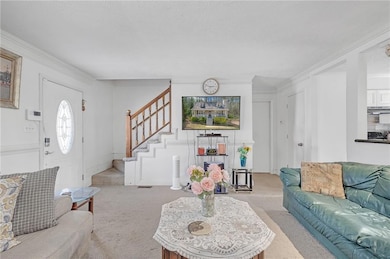 Carpeted living area featuring stairway, a texture