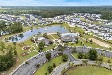 Aerial perspective of suburban area with a forest and a nearby body of water