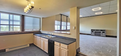 Kitchen featuring a baseboard radiator, light brown cabinetry, plenty of natural light, dishwasher, and a drop ceiling