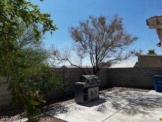 Fenced backyard with a patio area and grilling area