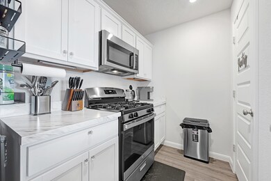 Modern & cozy kitchen with white cabinetry, stainl