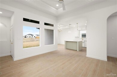 Unfurnished living room with a tray ceiling, light hardwood / wood-style floors, and ceiling fan with notable chandelier