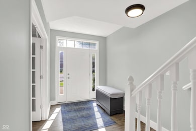 foyer entrance featuring dark wood-type flooring and stairs