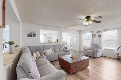 Living room with ceiling fan, light hardwood / woo