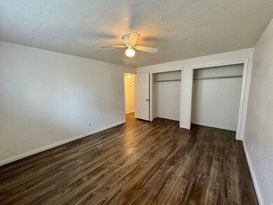 Primary bedroom  with a textured ceiling, multiple closets, dark wood-style flooring, and a ceiling fan