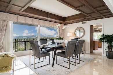 European style bow beam ceilings in the dining roo