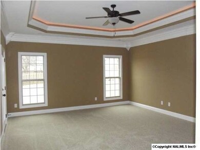 Large Master with ceiling fan, rope lighting and carpet.