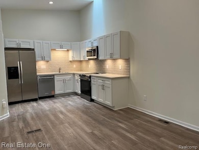 Kitchen with stainless steel appliances, decorative backsplash, a towering ceiling, dark wood finished floors, and white cabinetry