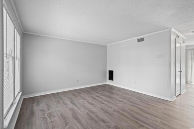 Spare room featuring a textured ceiling, wood finished floors, and ornamental molding