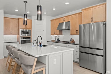 Kitchen featuring appliances with stainless steel finishes, decorative backsplash, quartz countertops, an island with sink, and hanging light fixtures