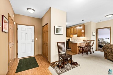 Entryway with light colored carpet