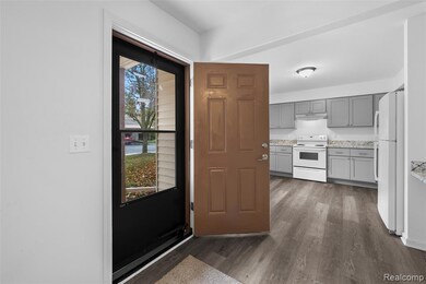 Kitchen with gray cabinetry, white appliances, dark wood finished floors, under cabinet range hood, and light stone countertops