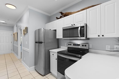 Kitchen with stainless steel appliances, white cab