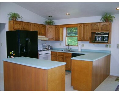 Kitchen with cathedral ceiling.