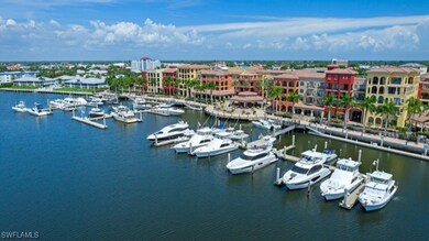 Drone / aerial view of a marina and a large body o