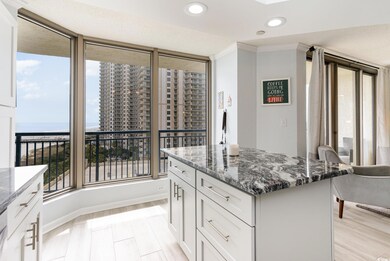 Kitchen with white cabinetry, dark stone countertops, and a healthy amount of sunlight