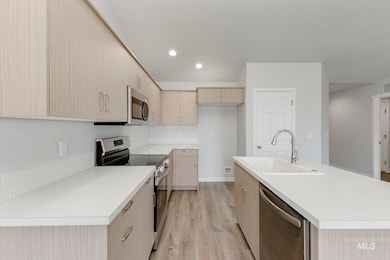 Kitchen featuring appliances with stainless steel finishes, light brown cabinets, light countertops, light wood-style floors, and recessed lighting
