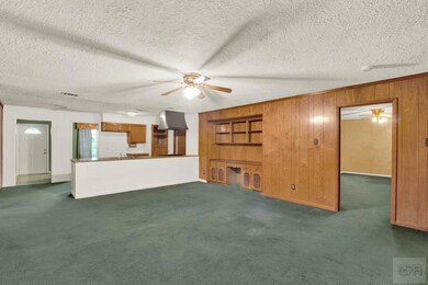 Wood paneled family room open to Kitchen.