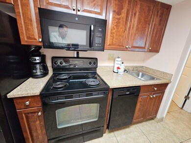 Kitchen featuring sink, black appliances, and ligh