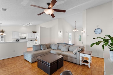 Living area with vaulted ceiling, light wood-type 