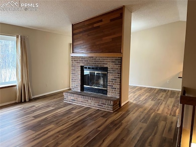 Unfurnished living room with lofted ceiling, a tex