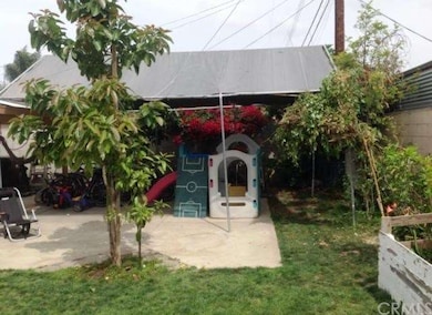 Backyard has large covered patio and a lot of frui
