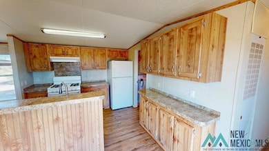 Kitchen with white appliances, light wood-type flooring, light countertops, a heating unit, and lofted ceiling