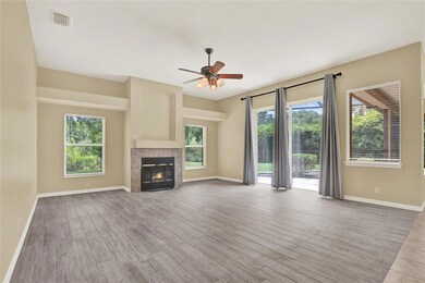 Cozy family room with wood burning fireplace