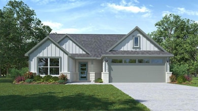 View of front of property featuring board and batten siding, a front lawn, roof with shingles, and concrete driveway