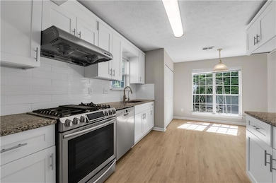 Kitchen with under cabinet range hood, stainless s