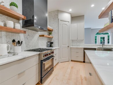 Kitchen with open shelves, modern cabinets, stain