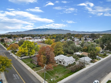 Aerial perspective of suburban area with mountains