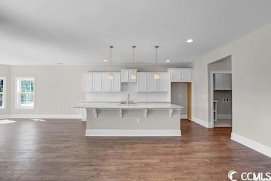 Kitchen featuring a large island with sink, white cabinetry, recessed lighting, dark wood-style flooring, and tasteful backsplash