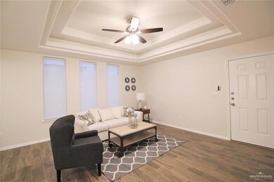 Living area with a raised ceiling, a ceiling fan, dark wood-type flooring, and baseboards
