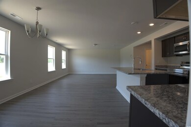 Kitchen featuring a chandelier, appliances with stainless steel finishes, open floor plan, dark wood-style floors, and recessed lighting