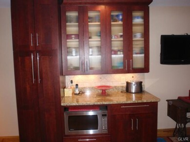 Lighted kitchen cabinets, SS microwaver stays, pan