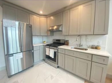 Kitchen with a sink, gray cabinets, under cabinet range hood, and appliances with stainless steel finishes