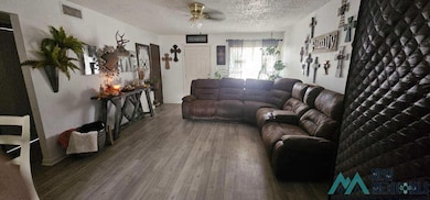 Living area with a textured ceiling, wood finished floors, and ceiling fan