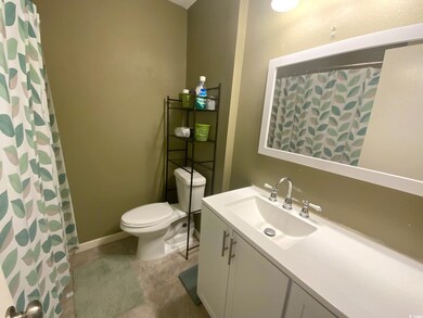 Bathroom with curtained shower, vanity, and toilet