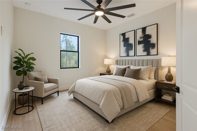 Bedroom featuring ceiling fan, baseboards, visible