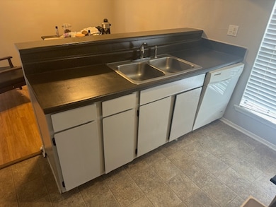 Kitchen with a sink, dark countertops, white cabin