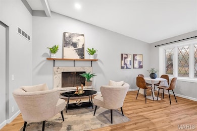 Living area with lofted ceiling, light wood-type flooring, and a premium fireplace