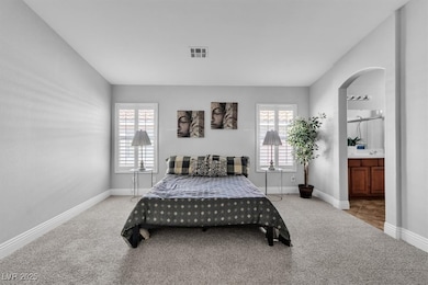 Bedroom with carpet flooring, arched walkways, and