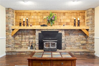 Custom stone wall, stone hearth and thick wood beam mantel with wood burning low pie oven fireplace.