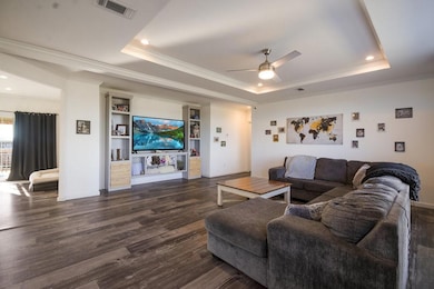 Living area with a raised ceiling, a ceiling fan,