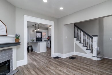 Entrance foyer with sink, a fireplace, and dark hardwood floors